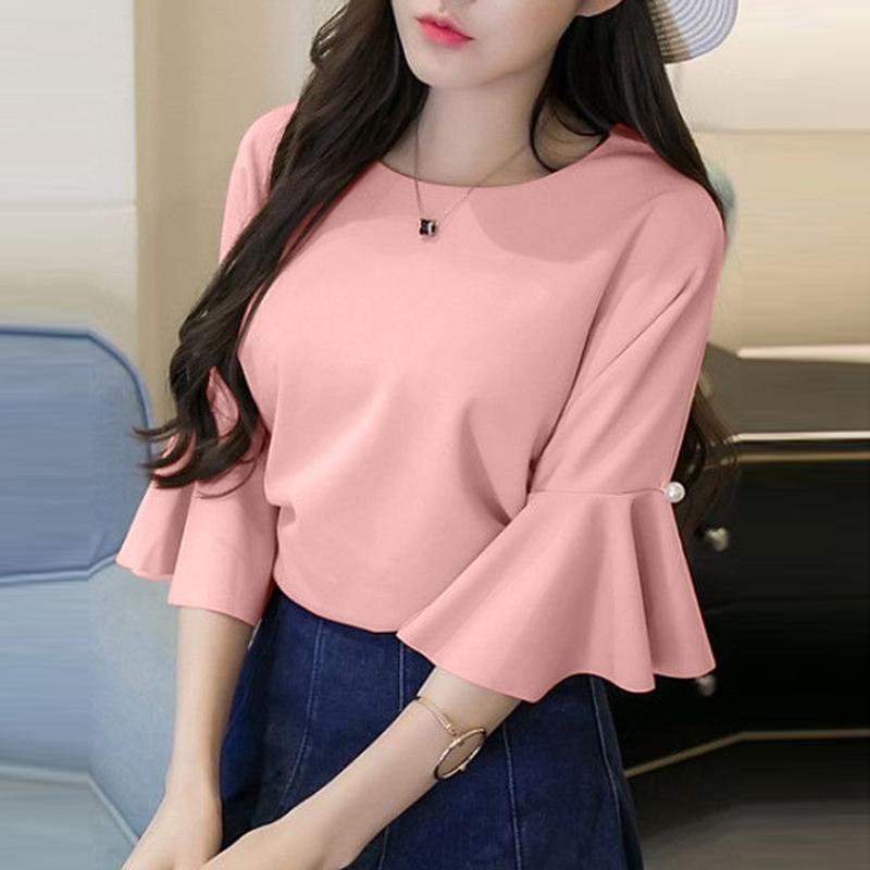 ZANZEA Women's Round Neck Flared 3/4 Sleeve Straight Solid Color Loose Blouse