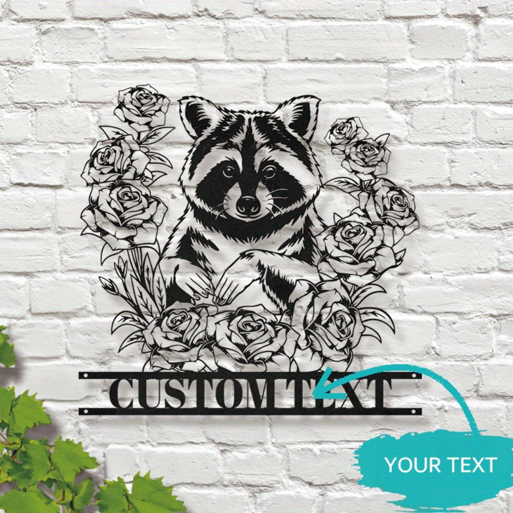 Custom Raccoon Floral Metal Wall Art, Personalized Name Sign for Garden Front Door, Unique Handmade Home Decor