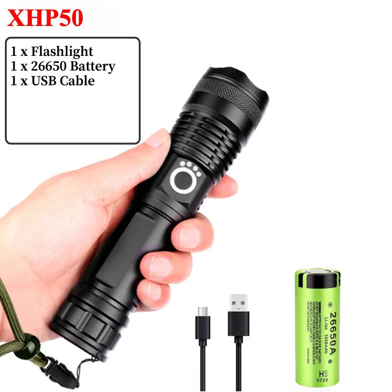 Super Bright Rechargeable XHP70/XHP50 LED Flashlight Zoomable Waterproof Tactical Torch 3 Modes Powerful for Camping Hiking