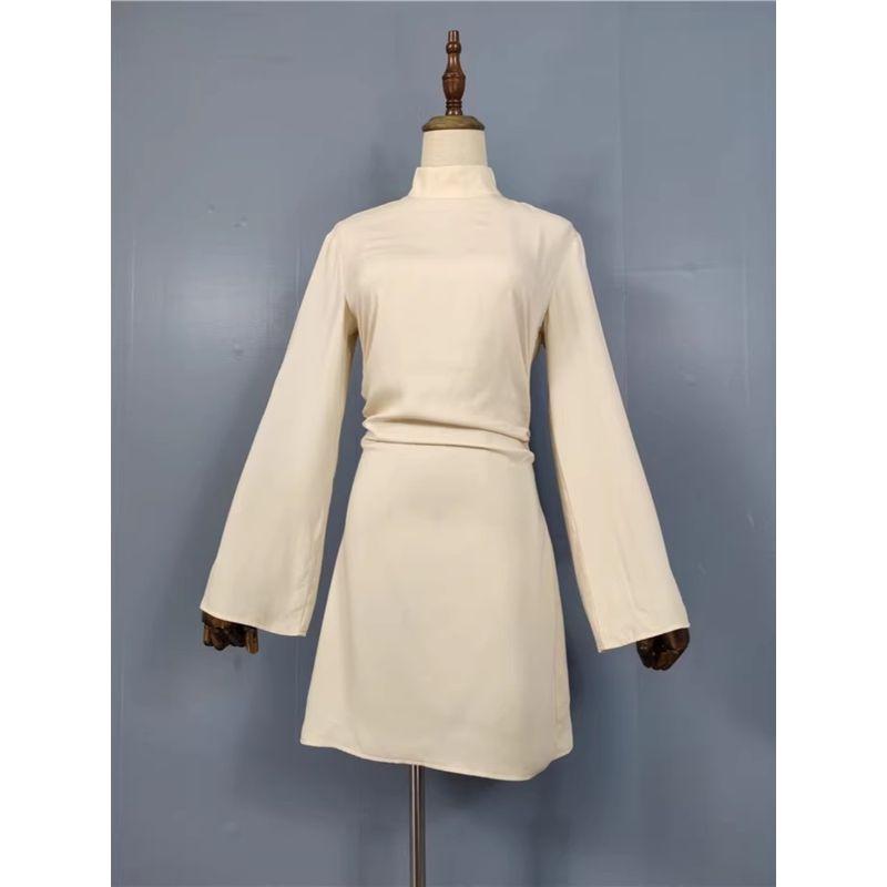 Export Single H Home Stand Collar Pleated Waist Tight Fashion Long Sleeve Spring New Arrival Minimalist French Work Clothing Ladies Dress