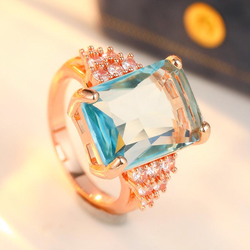 Luxury Inlaid White Sea Blue CZ Women's Ring Aesthetic Gold Color Geometry Daily Wear Party Jewelry Anniversary Gift