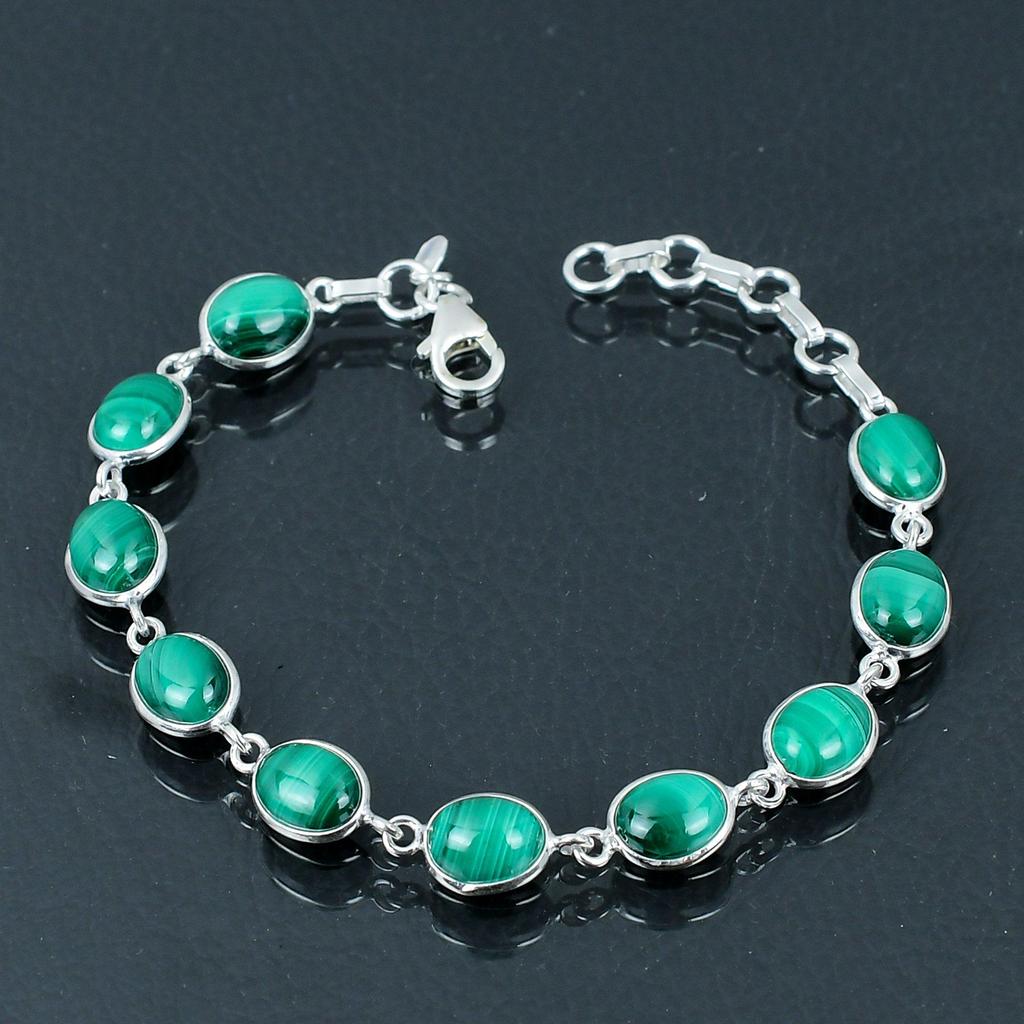 Natürliches Malachit-Edelsteinarmband, 925 Sterling Silber, 7 Zoll bis 8 Zoll Gliederarmband, handgefertigtes Armband Schmuck Geschenk zum Valentinstag