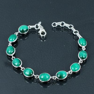 Natural Malachite Gemstone Bracelet, 925 Sterling Silver, 7 Inch To 8 Inch Link Bracelet, Handmade Bracelet Jewelry Gift For Valentine's Day
