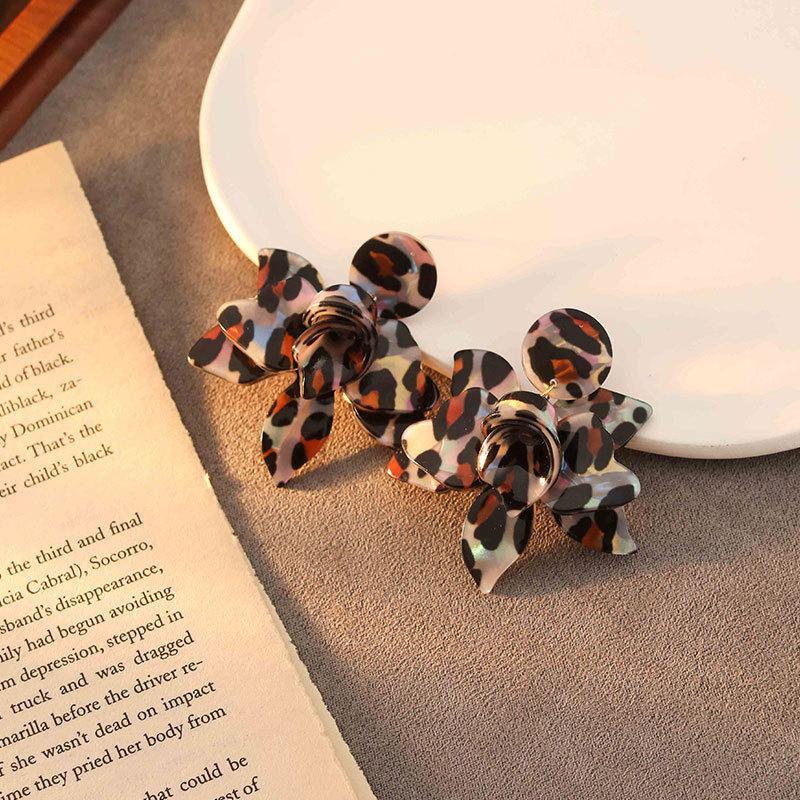 Leopard Print Flower Earrings, High Sense Retro Exaggerated Temperament Earrings, Fashionable Versatile Color Printing Earrings