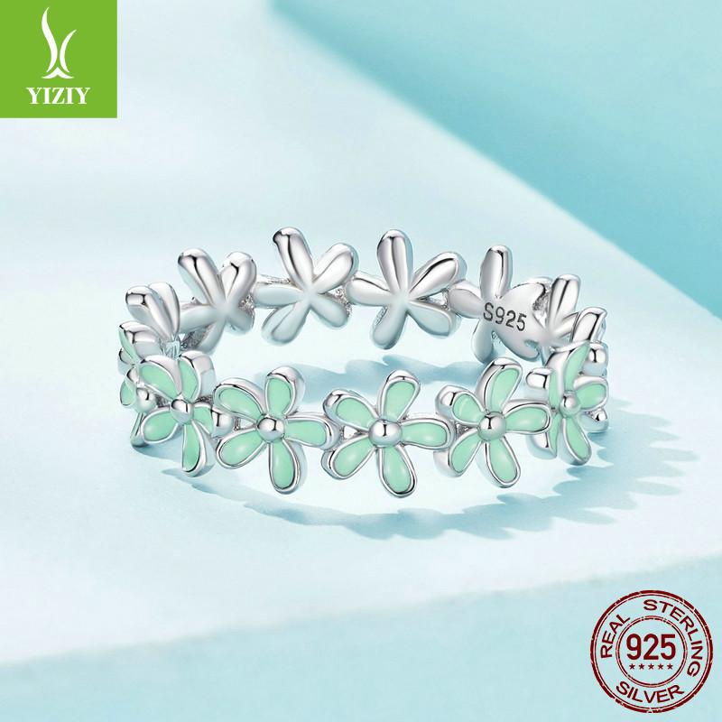 Spring Blue And Green Flower Ring, Light Luxury Small Fresh Flower 925 Sterling Silver Ring Jewelry.