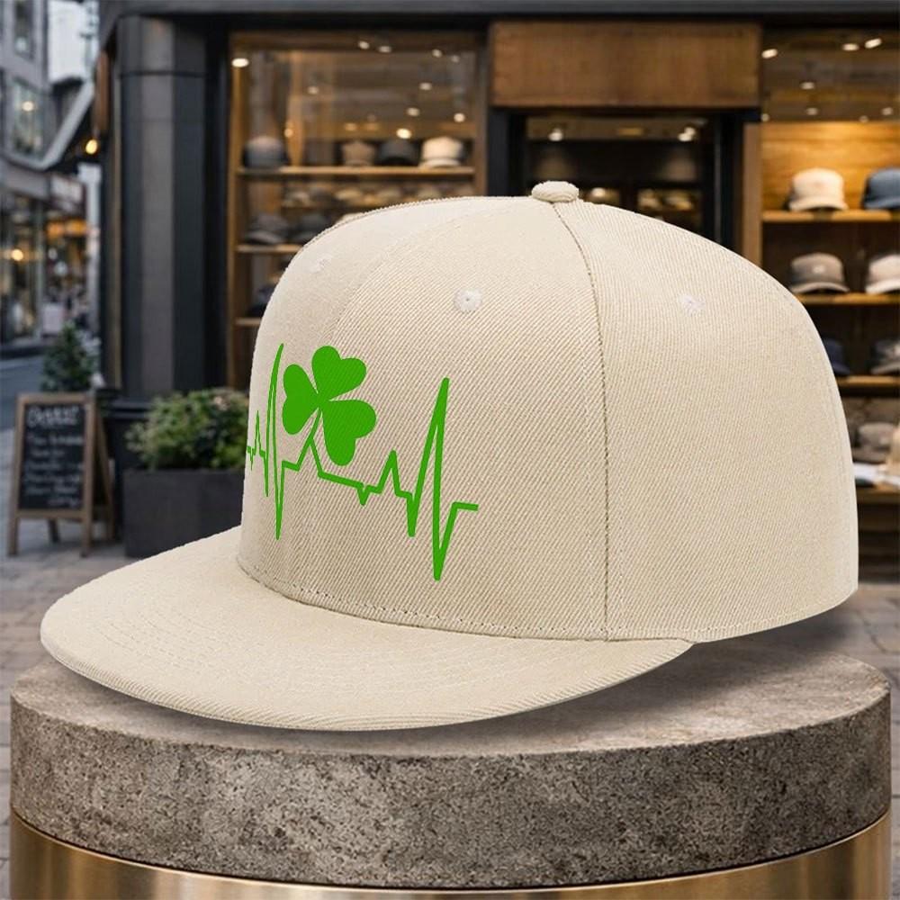 Irish Shamrock Heartbeat Baseball Cap Polyester Unisex Flat Brim HipHop Street Style Adjustable Golf Hat