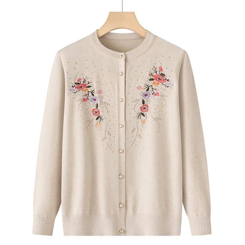 Middle-aged and Elderly Women's Embroidery Knit Cardigan Jacket Single-breasted Slim Sweater Thin Spring and Autumn Grandma Clothing