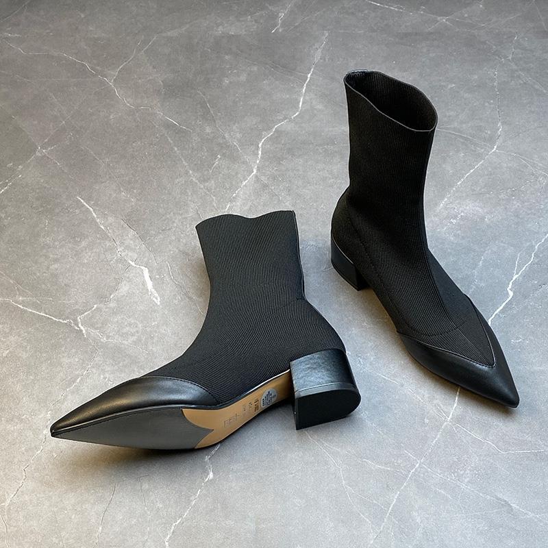 Pointed Thick Heel Short Boots Autumn and Winter New Heightening Thickened Warm Chelsea Boots Women