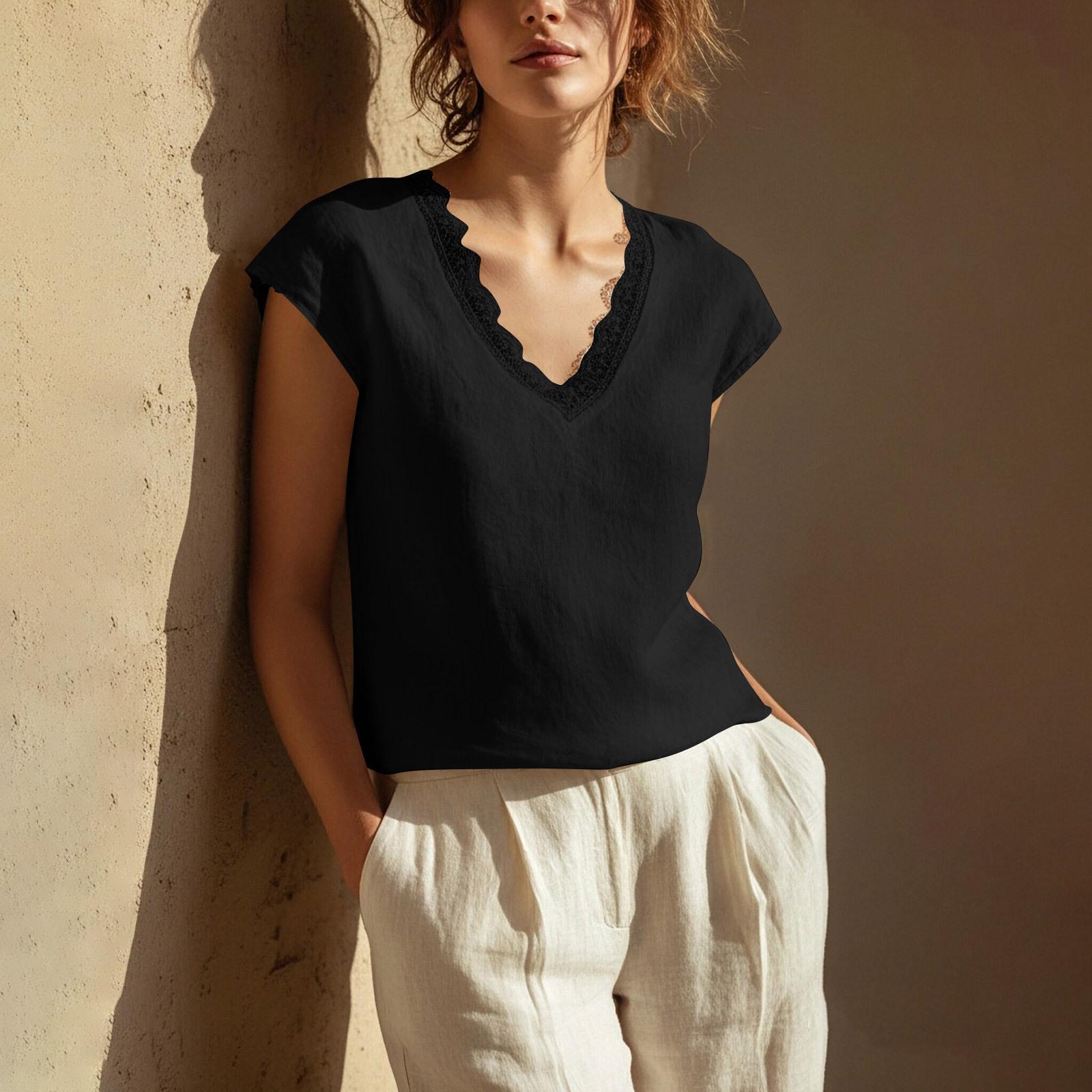 

Womens Spring Tops V Neck Lace Trim Casual Blouse Summer Shirts for Women Loose Fit Lightweight Womens Summer Shirts XXL чёрный