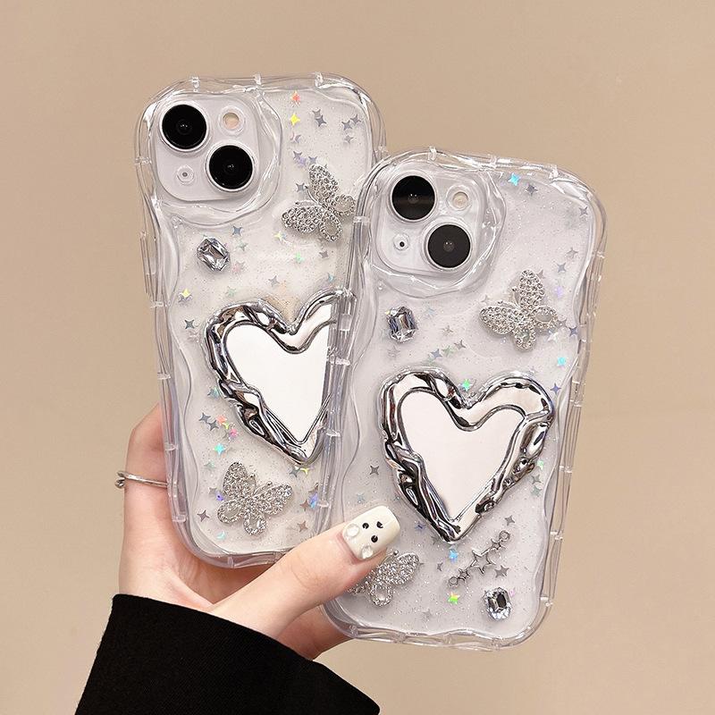 Applicable To Apple 17Promax Mobile Phone Case 15 Love Makeup Mirror Iphone16 Mirror Butterfly Rhinestone 13 Glitter