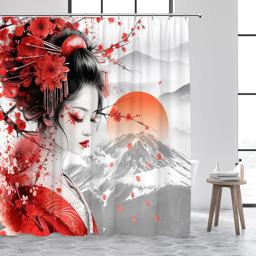 Japanese Style Flowers Bird Shower Curtain Beautiful Girl Red Floral Abstract Mountain Ink Art Landscape Decor Bathroom Curtains