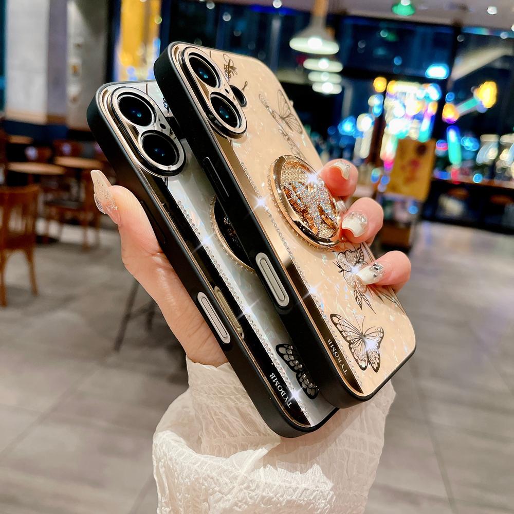 KEYSION Luxuxy Case for iPhone 16 Plus 16 Pro Max Butterfly Ring Stand Shockproof Phone Back Cover for iPhone 13 14 15 Pro Max