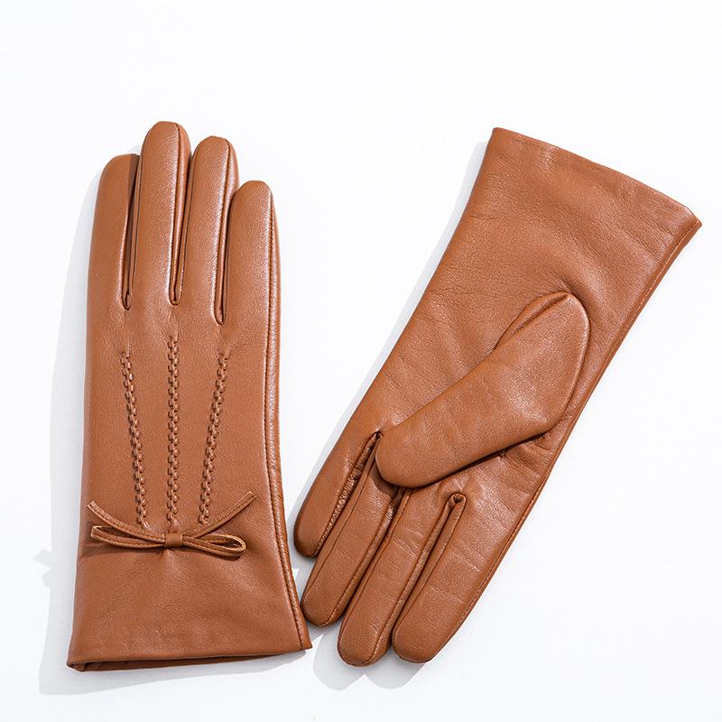 Women's Colorful Genuine Leather Gloves Bow Sheepskin Gloves  Women's Warm Cycling Clothing Gloves for Autumn and Winter