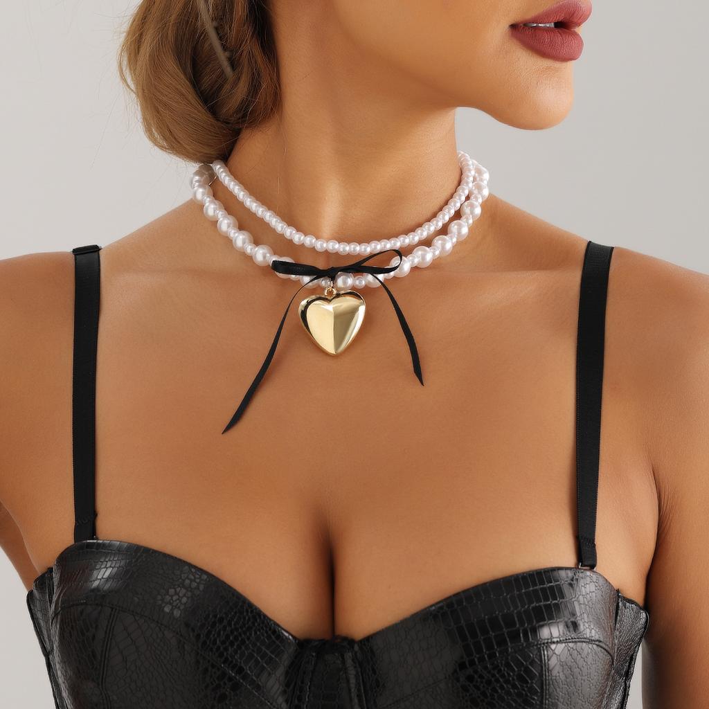Accessories Sweet Cool Wind Black Ribbon Bow Love Necklace Women'S Premium Imitation Pearl Necklace