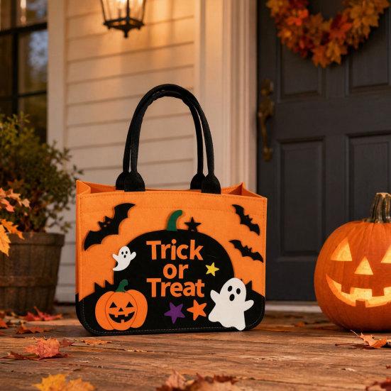 Ghost And Bat Candy Bag Halloween Trick or Treat Bag, Felt Goodie with Pumpkin Patches, Tote Large for Kids, Party Favor, Haunted House Decor Stiff