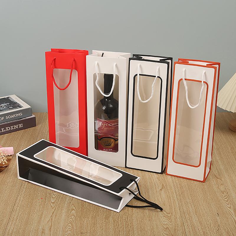 Neue einzelne rote Weintragetasche Fenster Transparentes PVC Kraftpapier Blume Puppe Rechteckige Geschenkverpackungstasche