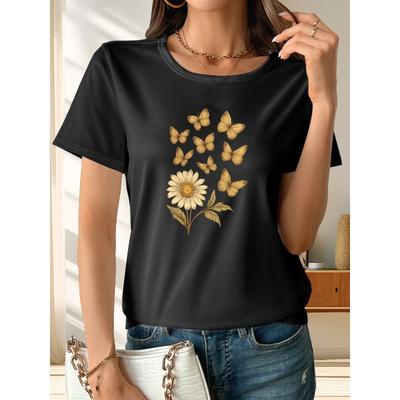 Women's Crew Neck Short Sleeve T-Shirt Sunflower Butterfly Print Elegant Aesthetic Casual Layering Top
