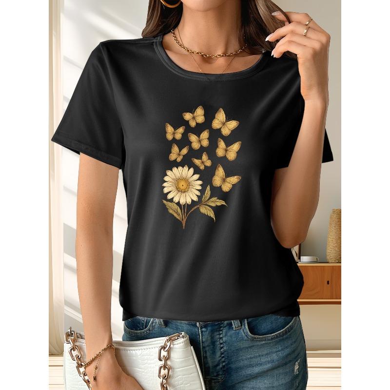 

Women s Crew Neck Short Sleeve T-Shirt Sunflower Butterfly Print Elegant Aesthetic Casual Layering Top 4XL