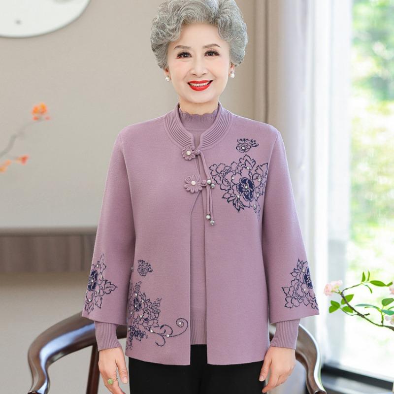 Grandma's Autumn Sweater Cardigan Middle Elderly Clothes Female Old Lady Two-piece Suit Year-old 0 Mother Coat