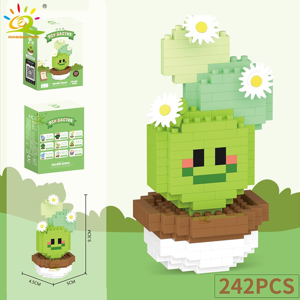 HUIQIBAO Mini MOC Cactus Potted Plant Micro Building Block 3D Diamond Flower Desk Decoration Model Brick DIY Toys for Children