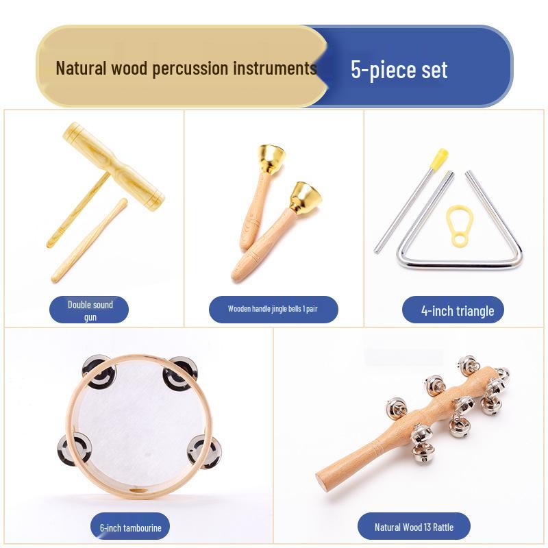 Orff Percussion Set: Claves, Castanets, Sand Shakers, Egg Shakers, Wrist Bells, Tambourine, Triangle, and Wood Block.