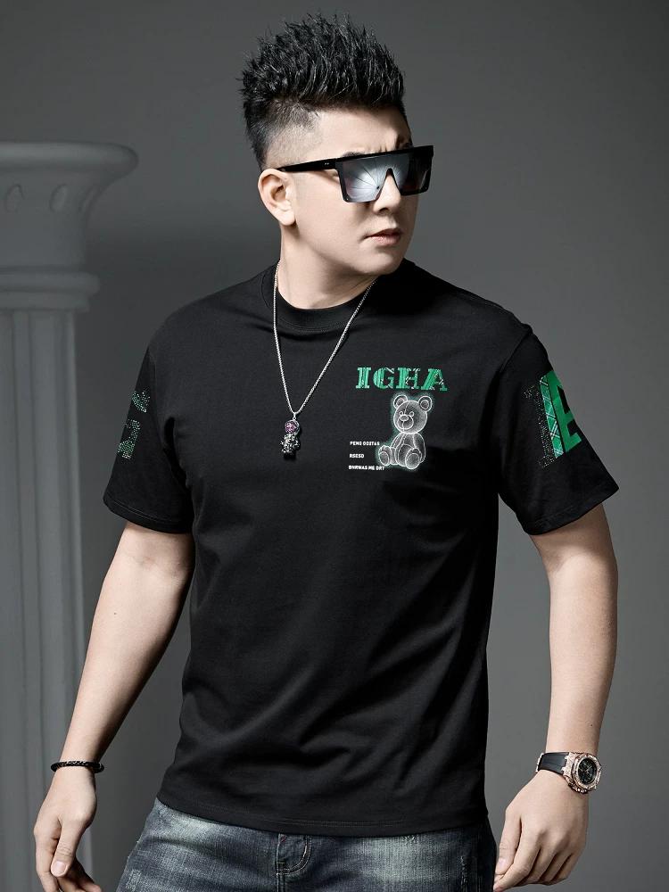 Ozhouzhan Summer New Men's Bear Hot Drilling Print Round Neck Short Sleeve T-shirt Fashion Brand Top Half Sleeve T-shirt