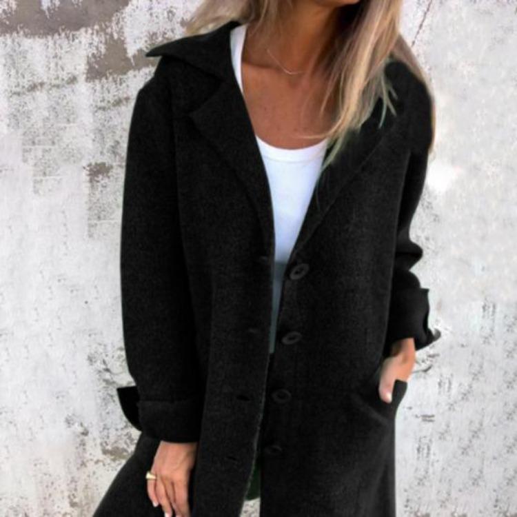 Women Woolen Coat Autumn Winter Loose Mid Length Overcoat Turn Down Collar Single Breasted Long Sleeves Solid Color Pockets Commuting Dating Jacket