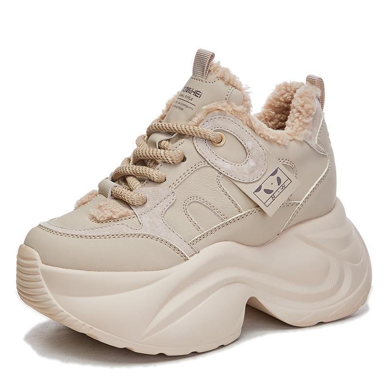 Fashion 8cm Genuine Leather Winter Vulcanized Sneakers Women Autumn Platform Wedge Ankle Booties Spring Lace Up Hidden Heels Shoes
