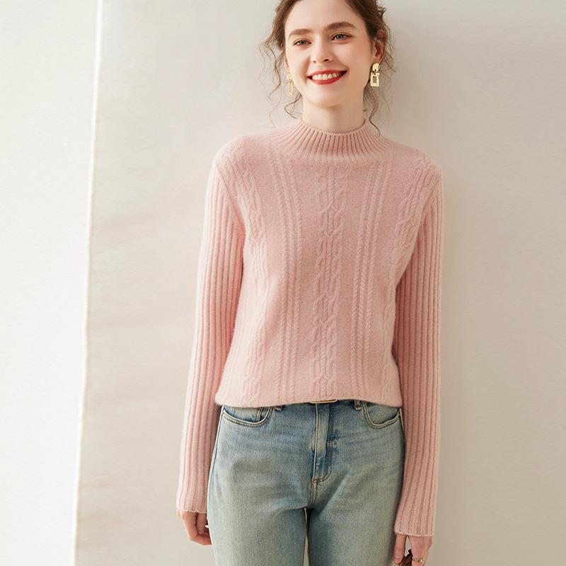 2024 Autumn/Winter Women's Retro Cable Knit Half-High Neck Cashmere Loose Pullover Sweater - Simple Solid Color Base Layer