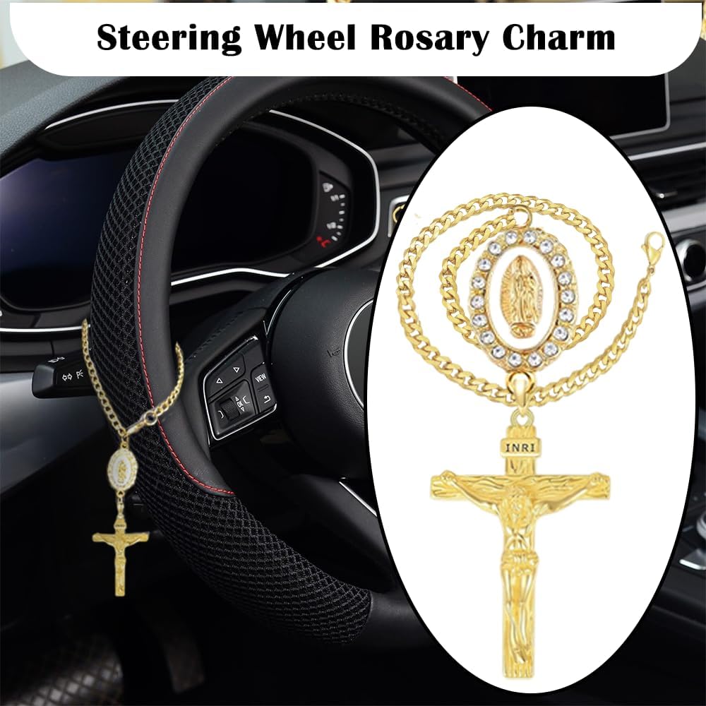 Steering Wheel Rosary Charm Accessory, Charm for Car Rearview Mirror, Catholic Rosary Hanging Pendant with Crucifix Cross, Virgin Mary Charms & Rope