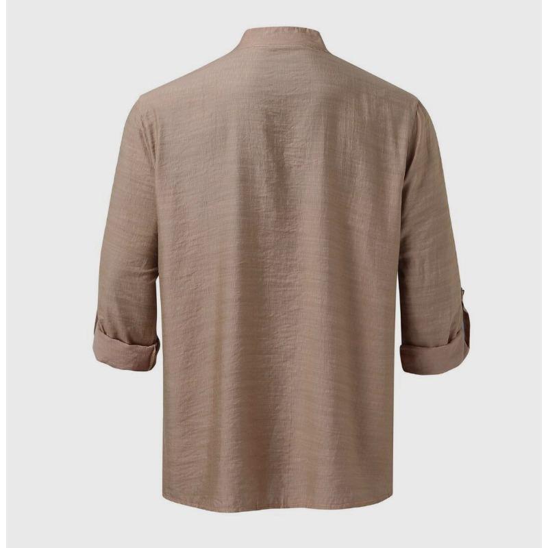 Men Linen Blend Stand Collar Shirt Casual Half Button Roll Up Sleeve Solid Blouse