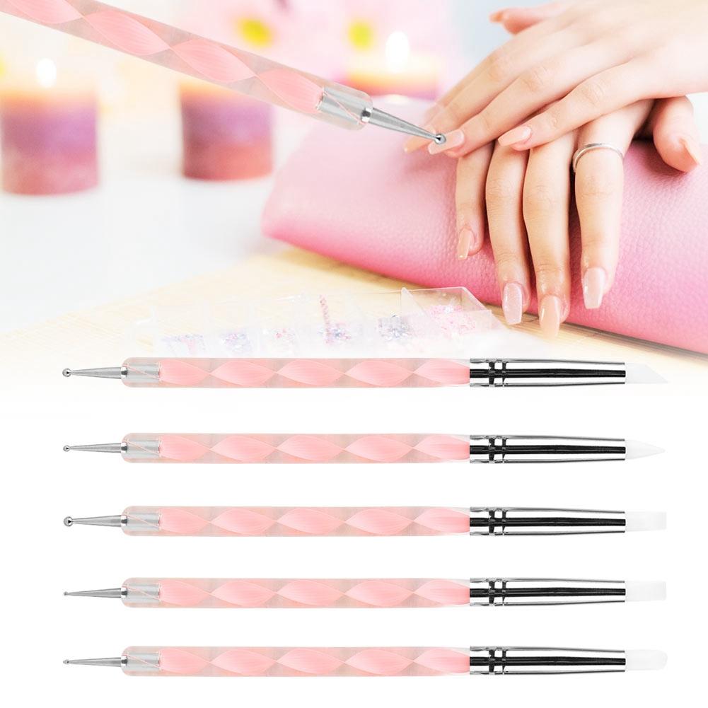 5pcs Double Head Clay Sculpting Tool Nail Pottery Silicone Dotting Brush Pen (Pink)