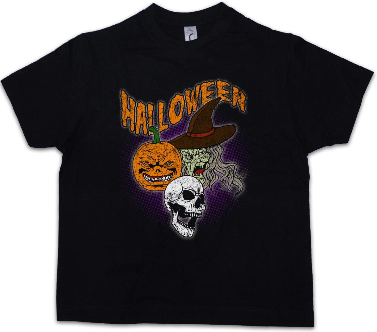 HALLOWEEN FACES Kids Boys T-Shirt Witch Moon Witch Pumpkin Face Death Reaper- 100
