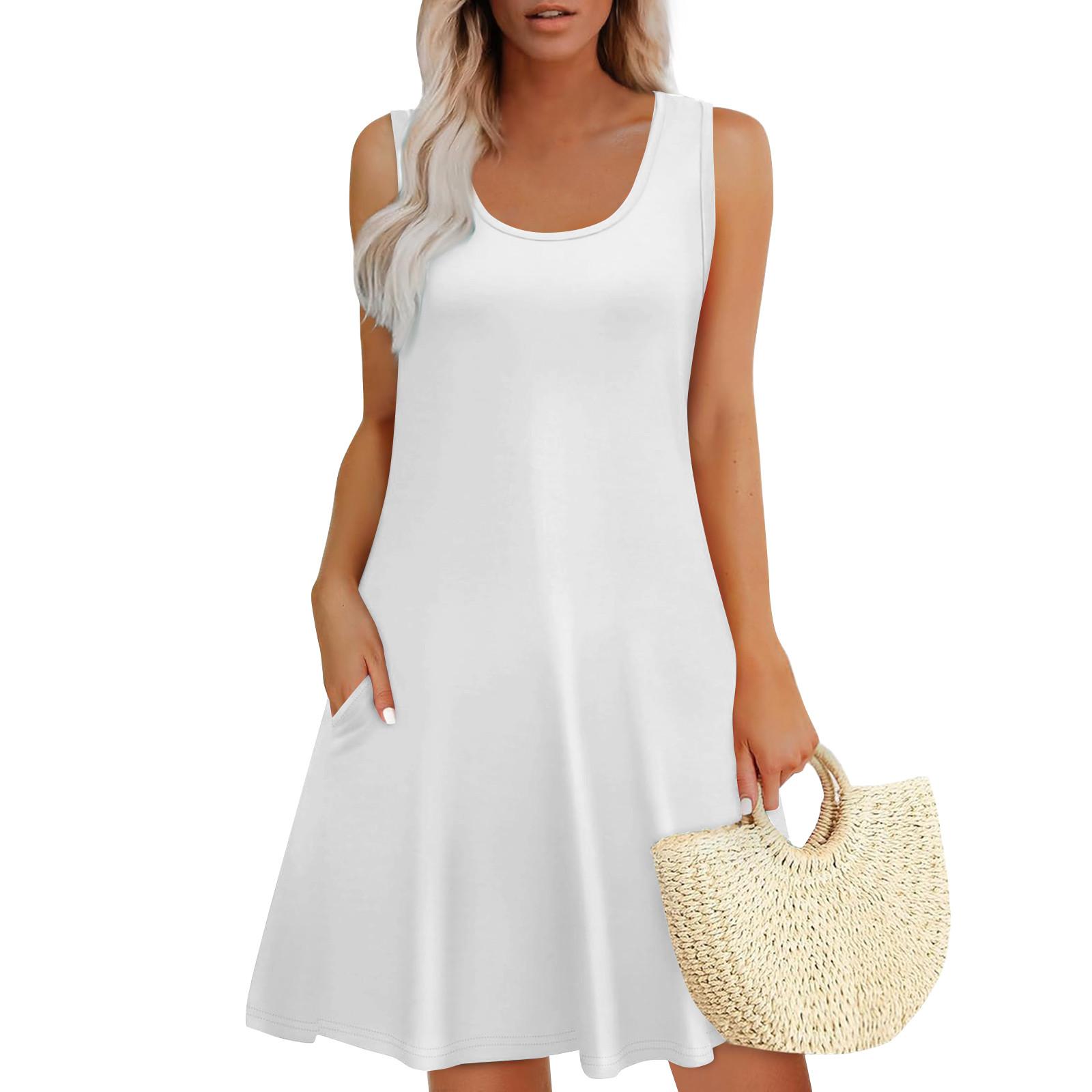 

Женские летние платья, свободные сарафаны без рукавов с U-образным вырезом и карманами XL белый
