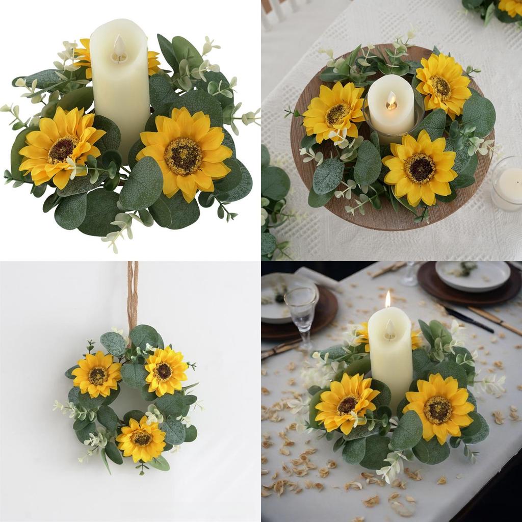Artificial Sunflower Wreath Candle Ring With Eucalyptus For Wedding Table Centerpieces