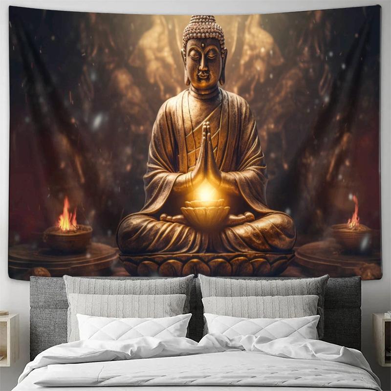 Golden Buddha Meditation Zen Spiritual Art Wall Tapestry Machine Washable All Season Decor Art Print Religious Design Home