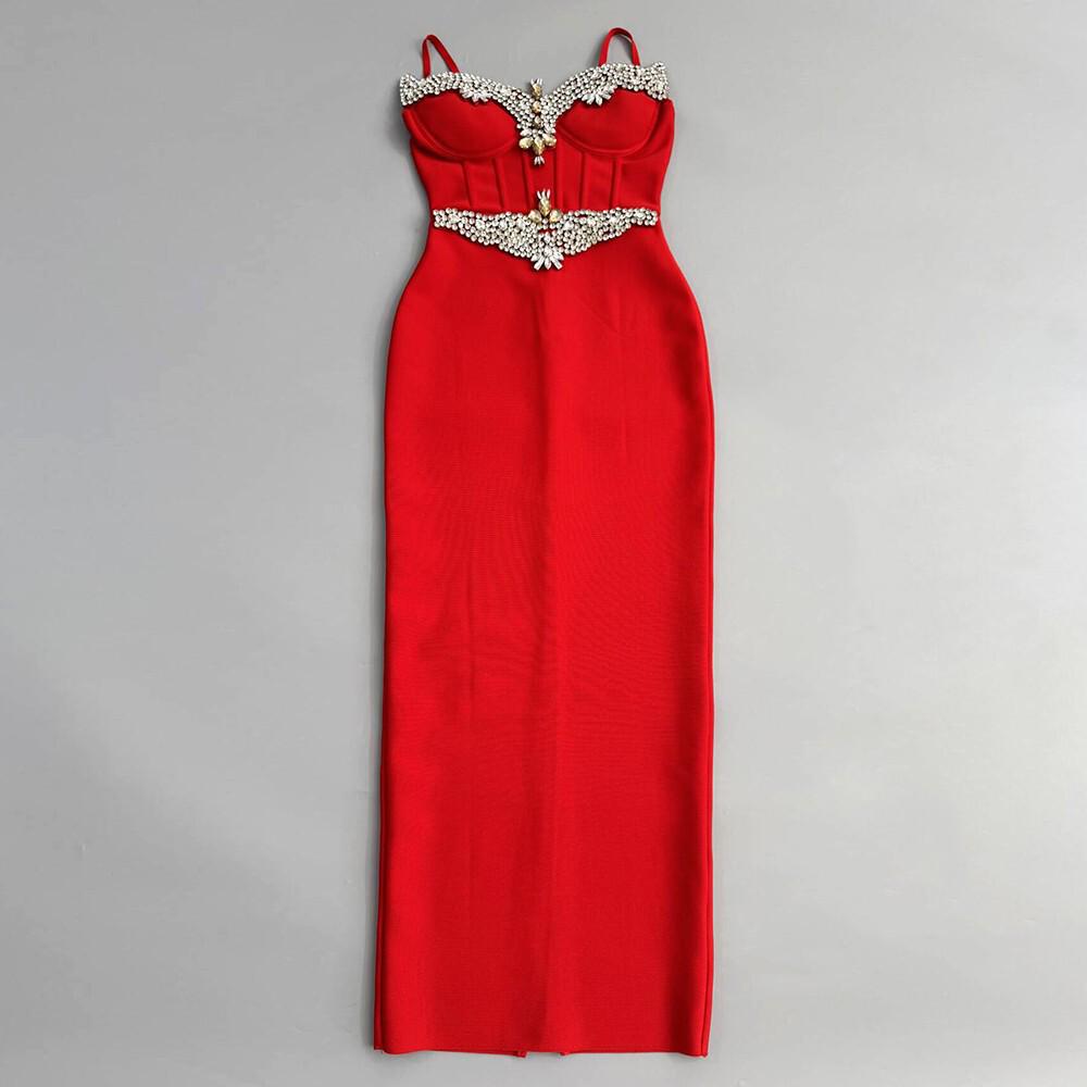 Elegant Beaded Strappy Slit Bandage Evening Gown