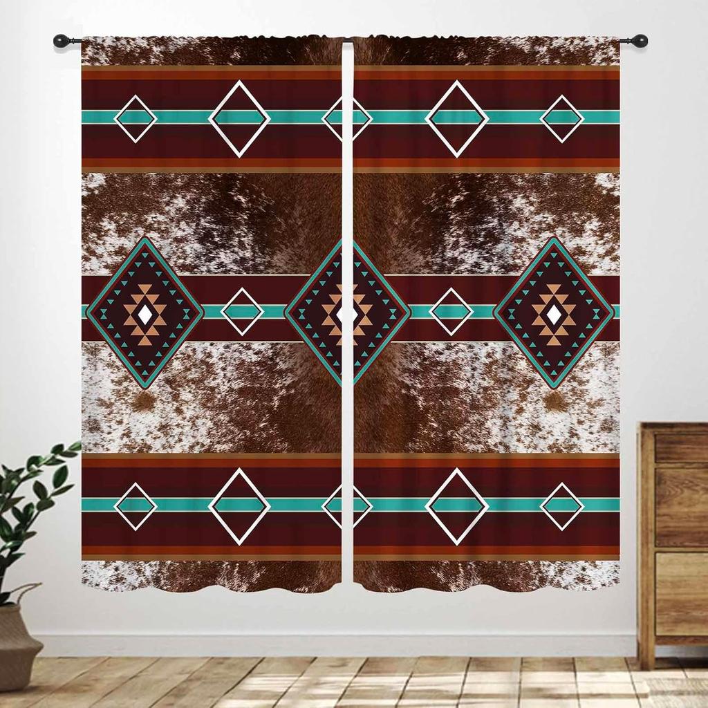 Western Cow Skull Curta,Beige Southwestern Bohemian Geometric Pattern Native Aztec Longhorn Head Cowboy Farmhouse Country