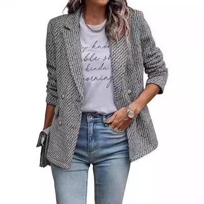 Kadın Gri Siyah Tweed Çift Düğmeli Blazer Ceket Çentikli Yaka, Günlük Ofis Giyimi