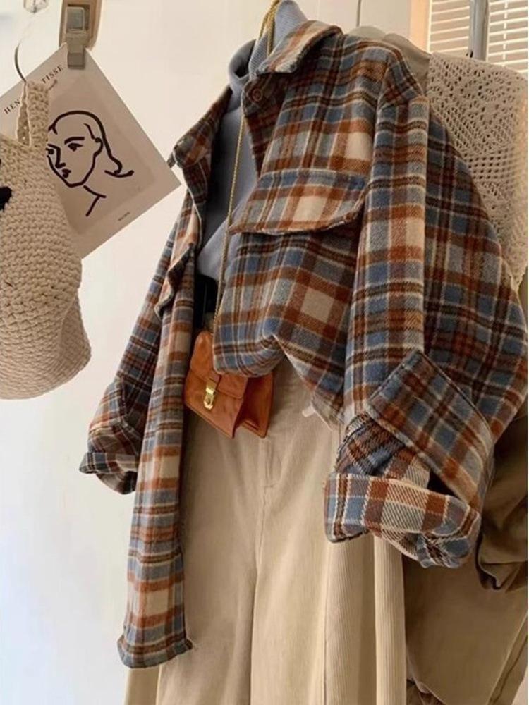 Women's Retro Red Plaid Brushed Shirt Jacket - Long Sleeve Casual Top for Autumn/Winter