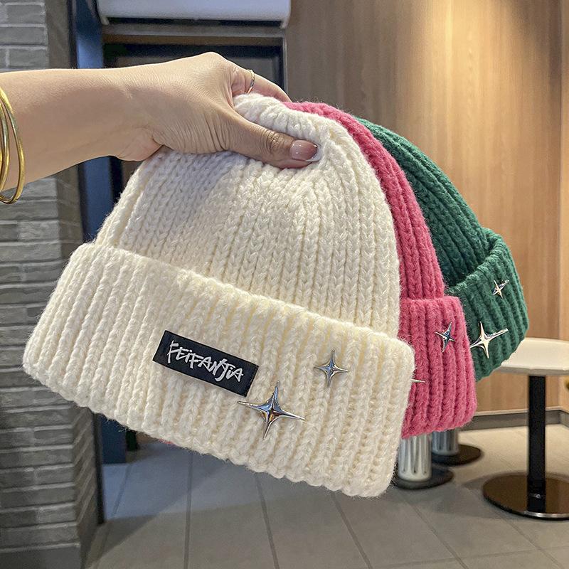 Letter knitted hat women's autumn and winter versatile big head circumference warm ear protection wool hat showing face small hat thickened