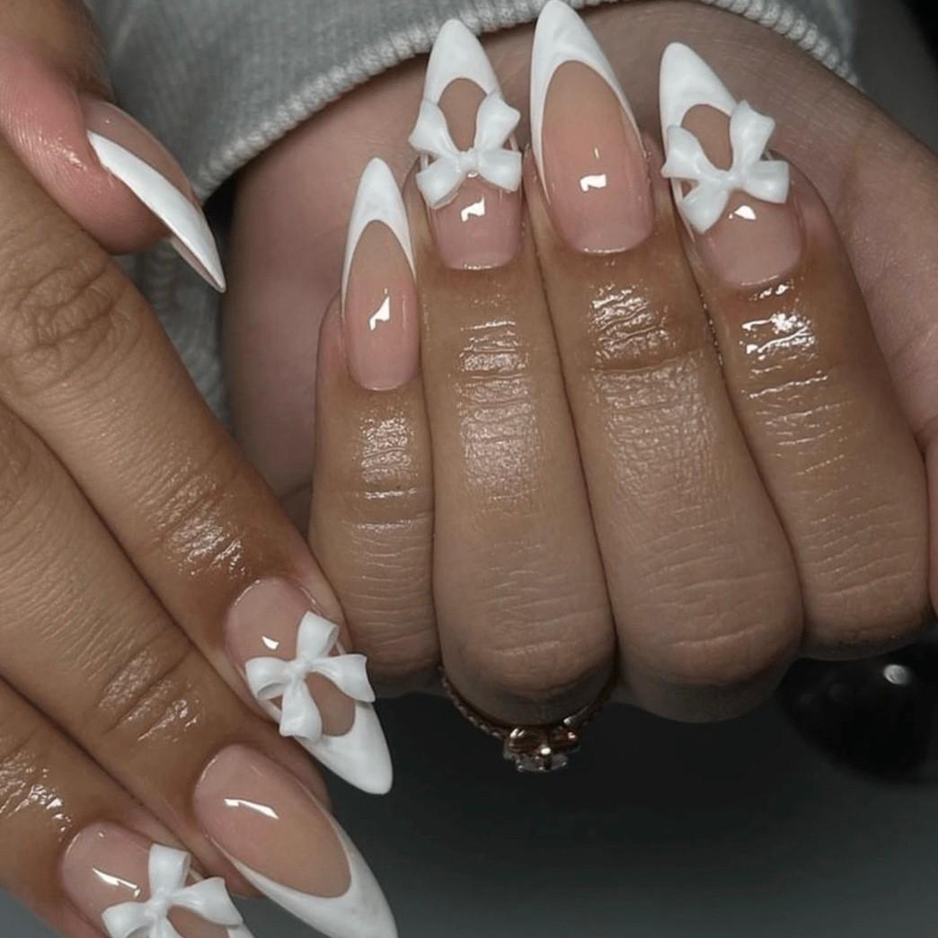 

Medium Almond French White Press-On Acrylic Nails S341 Glue Variant
