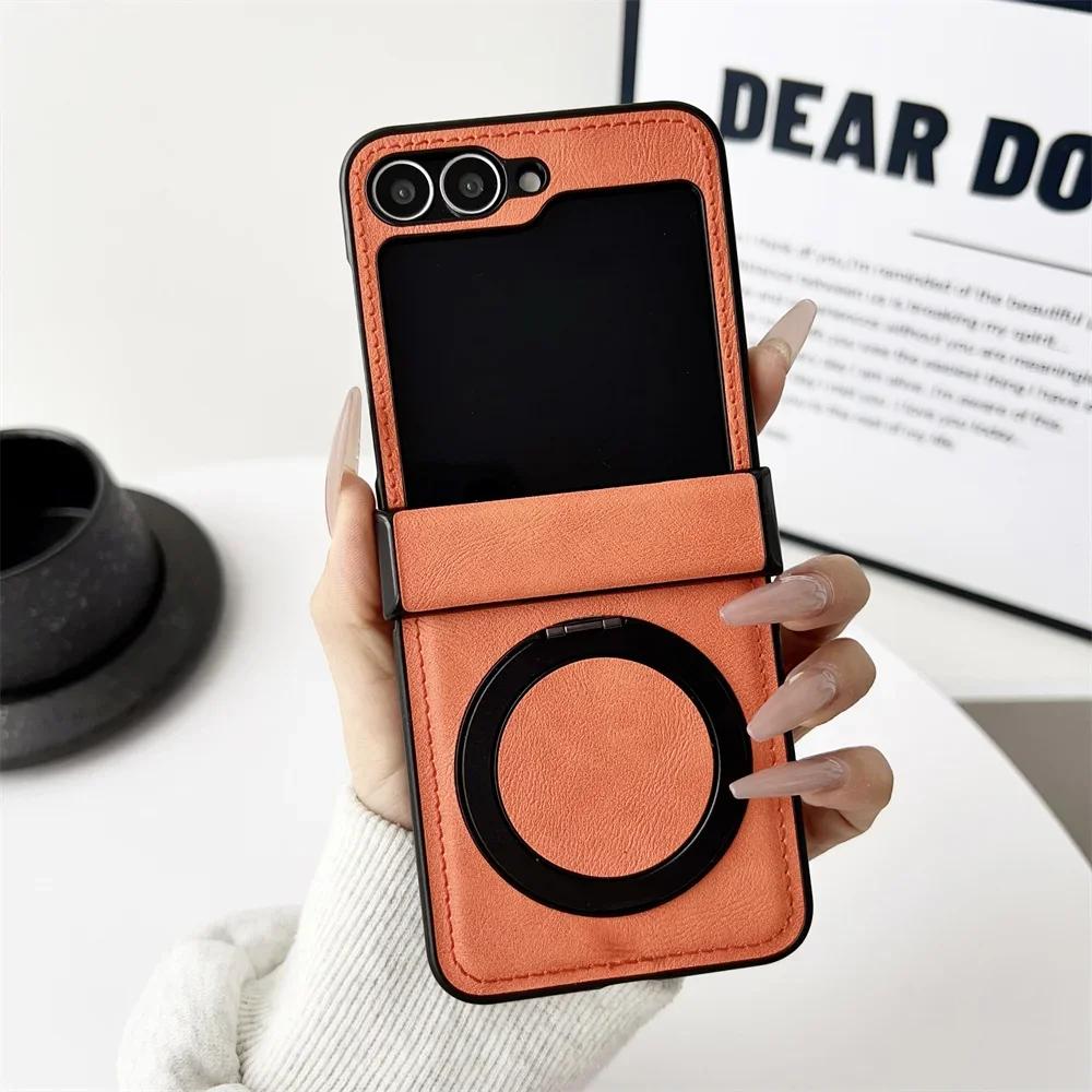 Premium Magnetic Rotating Bracket Phone Case for Samsung Galaxy Z Flip 7 FE 6 5 4 3 5G Leather Hinge Protective Shockproof Cover