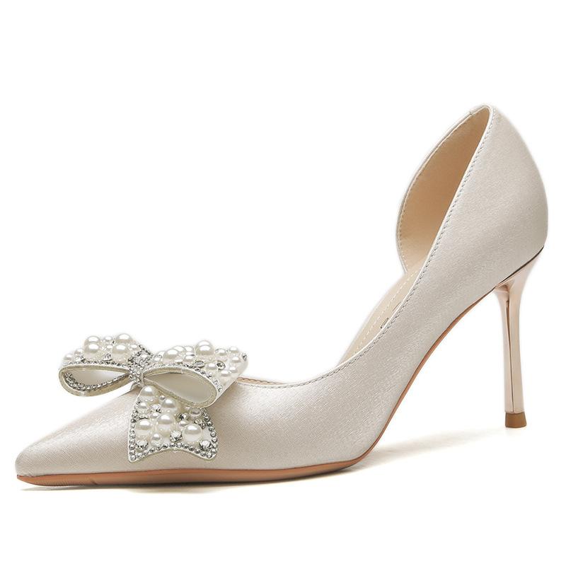 8330-1 High heels women's thin heels 2025 new wedding shoes pointed side empty rhinestone pearl bow single shoes