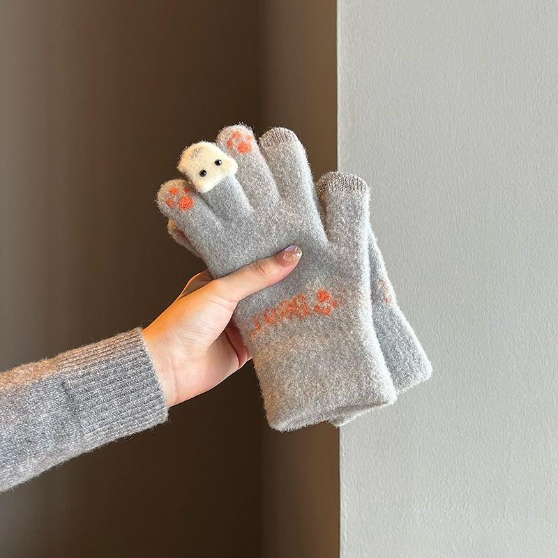 Gloves winter female ins cute thickened warm cold cycling student five fingers wool knitting autumn and winter