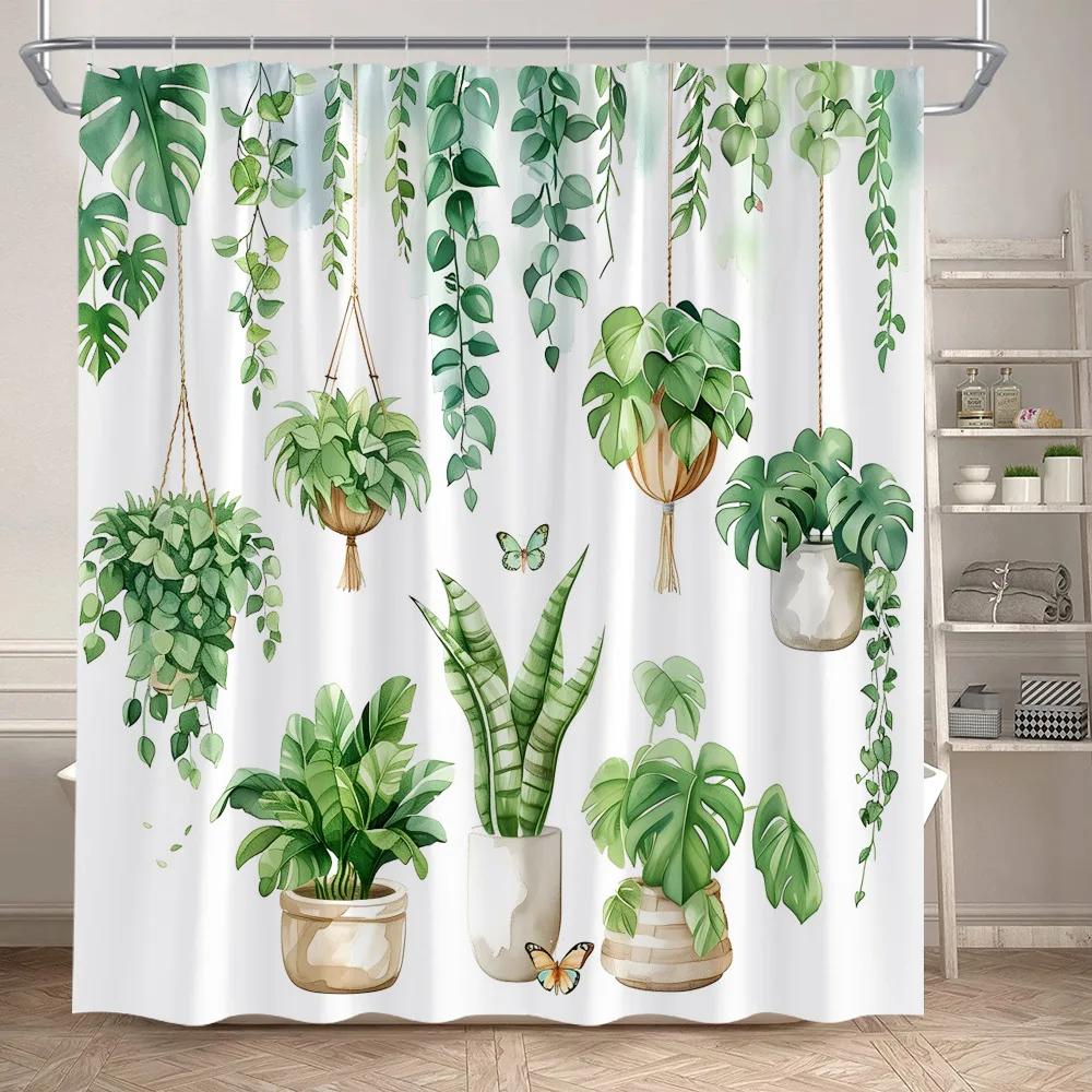 Green Plant Shower Curtains Watercolour Vine Leaves Butterfly Potted Plants Modern Polyester Fabric Home Bathroom Curtain Decor