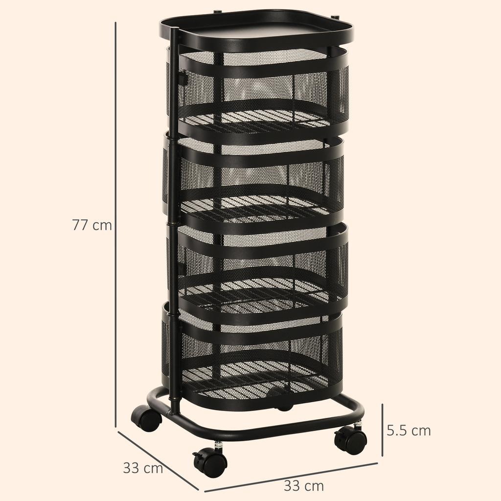 Metalen Opbergkar, 4-laags Opbergtrolley op Wielen met 4 Gaasmanden en Bovenblad, Zwart
