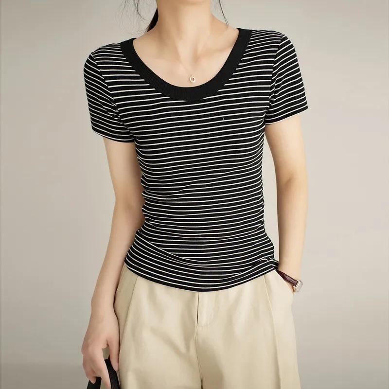 Women Big Round Neck Horizontal Striped Ribbed Slim Fit Short Sleeve Casual T-shirt
