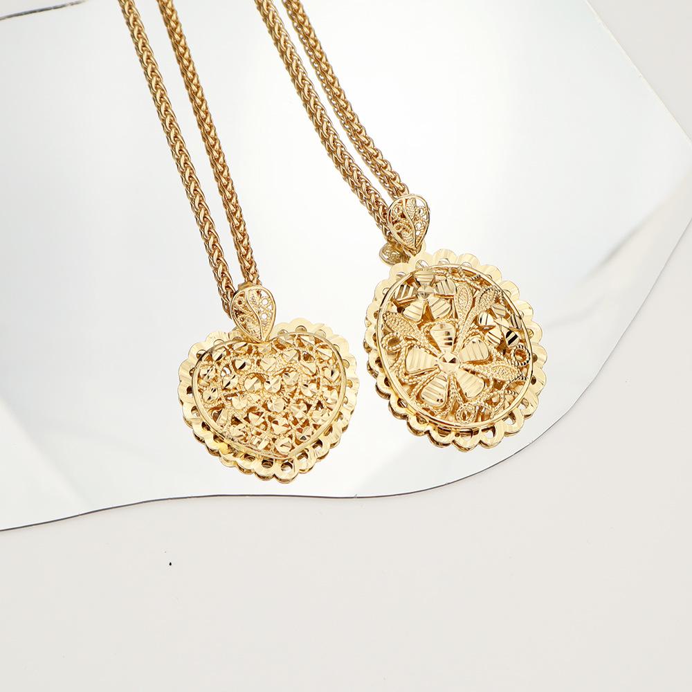 Hollow Peach Heart Oval Retro Brass Pendant Necklace with Stainless Steel Chain
