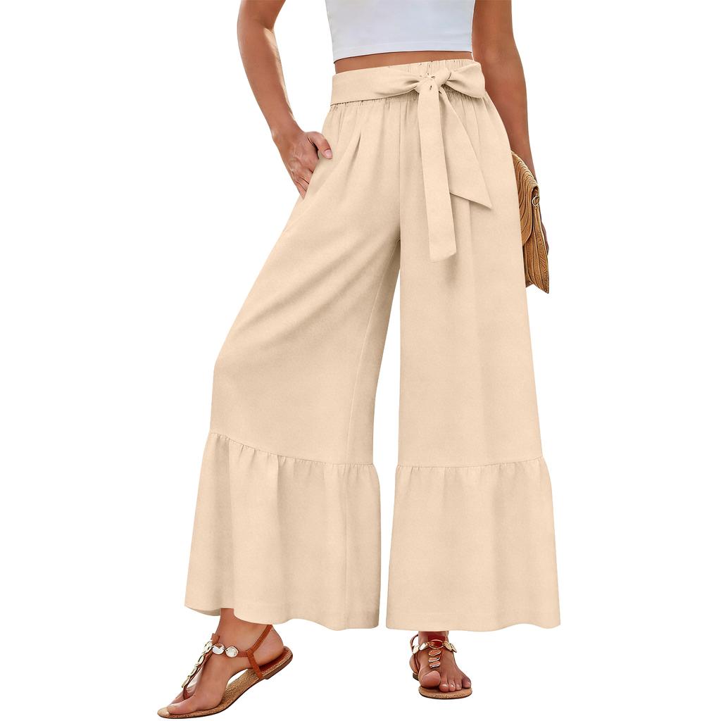 Women's Wide-Leg Casual Pants With Drawstring, Stretch, High Waist, Ruffled Hem, Wide Legs, Belted, And Pockets